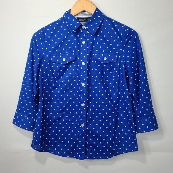 JONES NEW YORK Petites Polka Dot Blouse Blue White - Picture 4 of 9